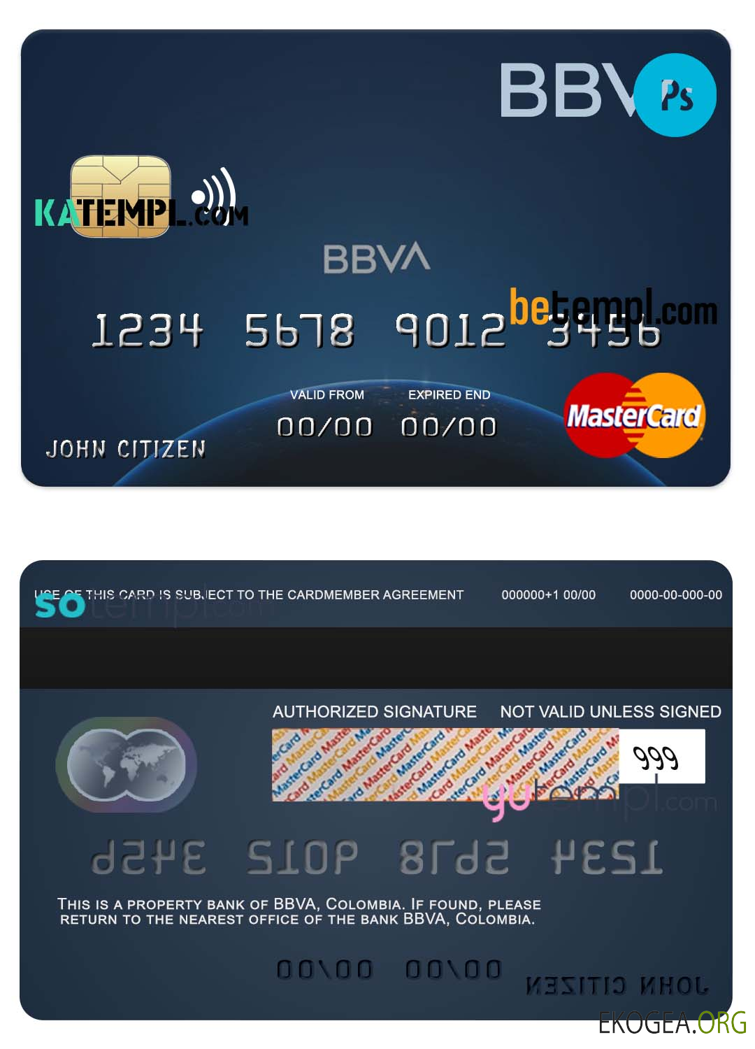 Modèle de carte de crédit mastercard de la banque BBVA Colombie au format PSD, entièrement modifiable